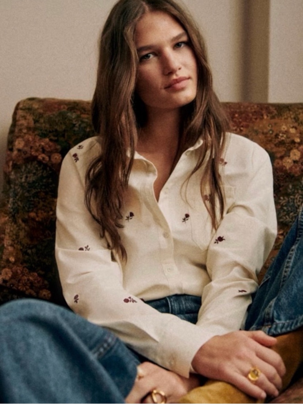 Sezane Tomboy Shirt Pink Flowers on Ecru Embroidered Cream Button-Up Shirt